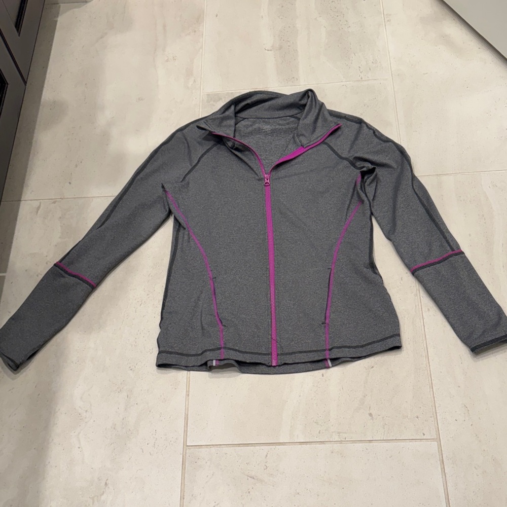 Zella Gray and Pink Varsity Jacket Size L. It’s in great like new condition.